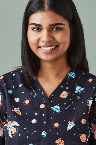 Womens Space Party Scrub Top